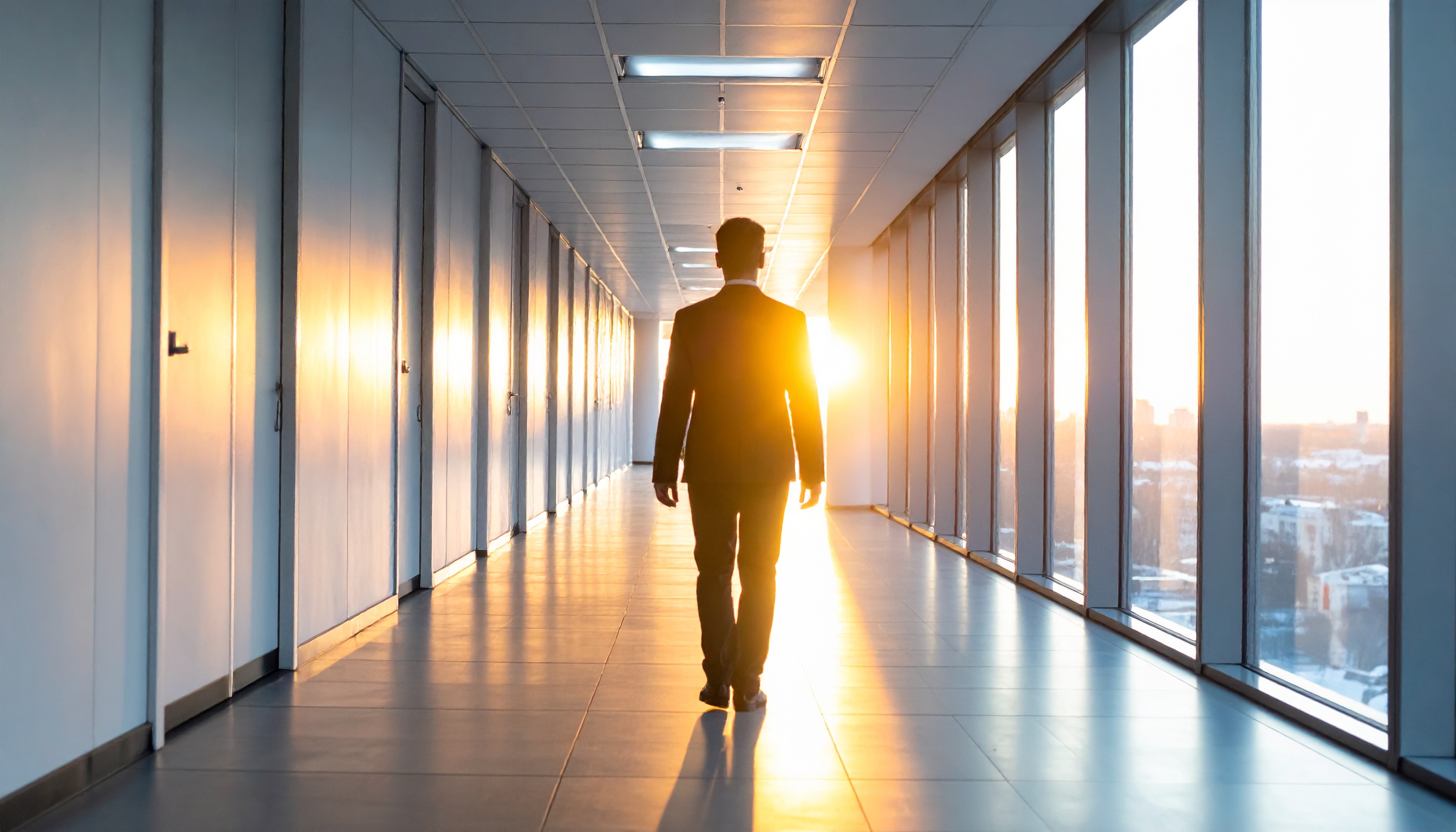 Homem em terno caminha por um corredor iluminado pelo pôr do sol, criando longas sombras no piso de azulejos. A luz quente contrasta com o ambiente clean e moderno das paredes brancas e janelas de vidro, gerando um efeito visual dramático e dinâmico. A composição enfatiza a perspectiva linear, enquanto a iluminação natural realça a silhueta e o reflexo no chão polido.